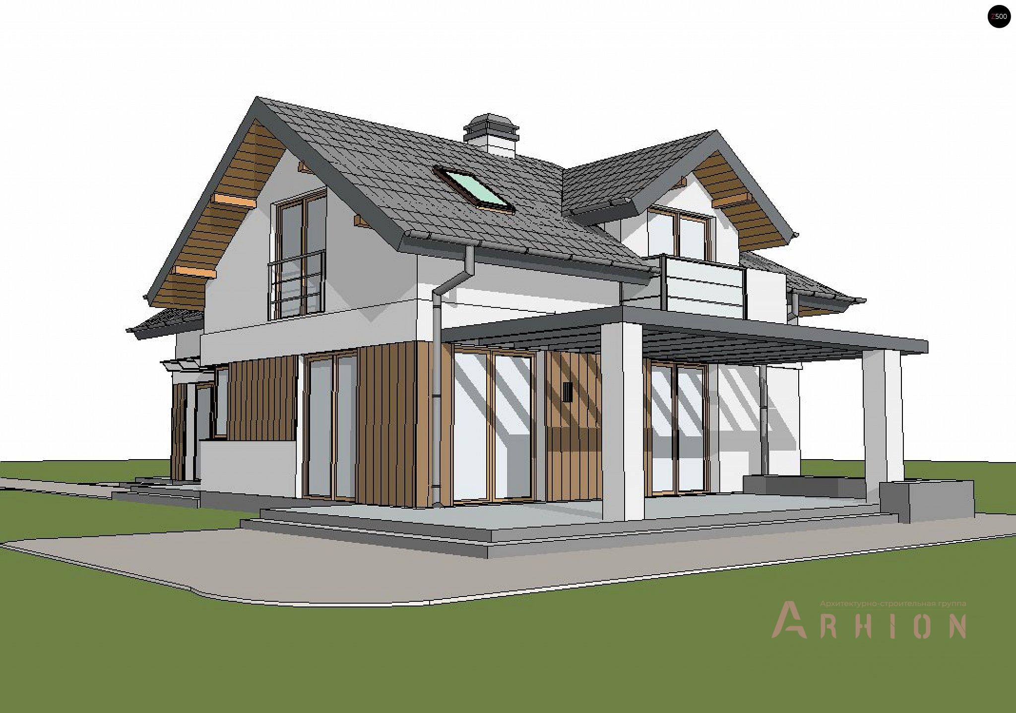 1. Проект одноэтажного дома в скандинавском стиле с двускатной кровлей, Z150 GL, площадью - 172 кв c мансардой, терассой, балконом, гаражом